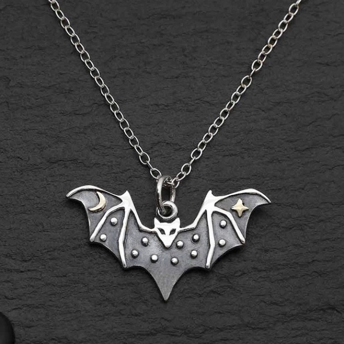  Bat Necklace with Bronze Star and Moon - 18 Inch Chain