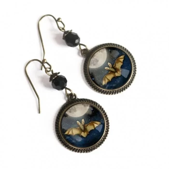 Bat And Full Moon In Glass Cabochons Earrings - Product Image