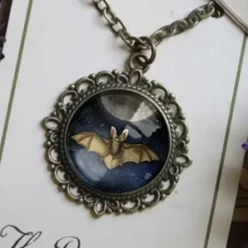 Bat And Full Moon In Glass Cabochons Pendant - Product Image