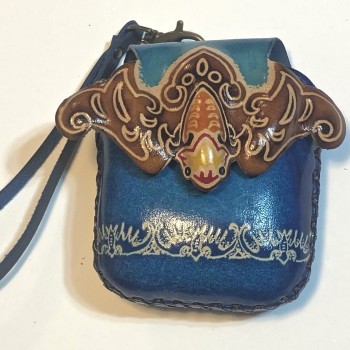 Handmade Leather Hanging Brown Bat On Blue Wristlet - Product Image