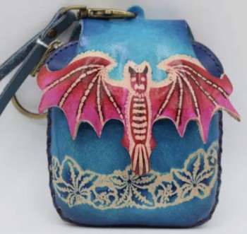 Handmade Leather Pink Bat Coin Purse Wristlet - Product Image