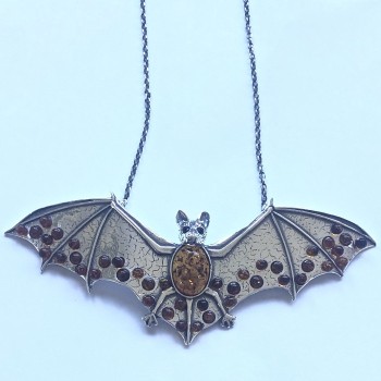 Large Dramatic Silver Bat Necklace With Amber Details - Product Image