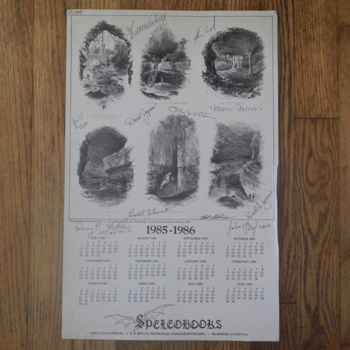Speleobooks single sheet calendar 1985-1986