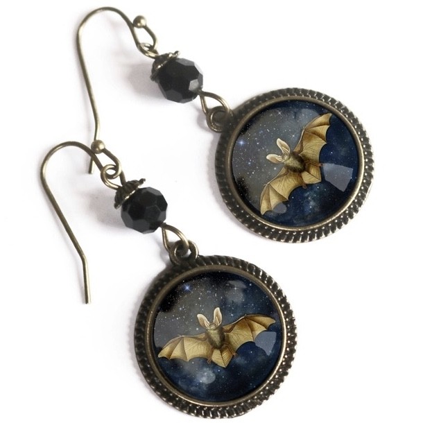 Starry Nights Bat Glass Cabochon Earrings W/Bead - Product Image
